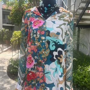 Rose + Olive Women's Patchwork Floral Paisley Tropical Printed Blouse SZ M